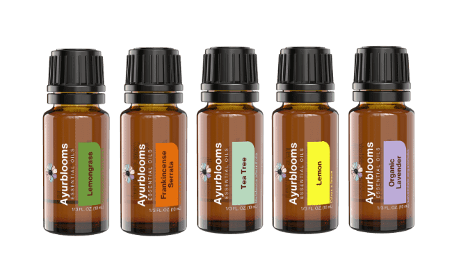 Collection of Ayublooms Essential Oils: Lavender, Lemon, Lemongrass, Tea Tree, and Frankincense - 10 ml Bottles for Aromatherapy, Skincare, and Wellness